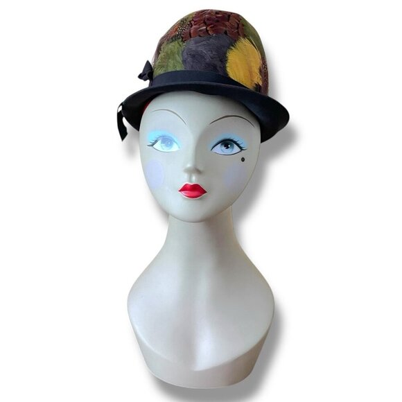 Vintage 1960s Womens Pheasant Feather Hat Angel Designs Brown Wool Dress Toque - Picture 10 of 16